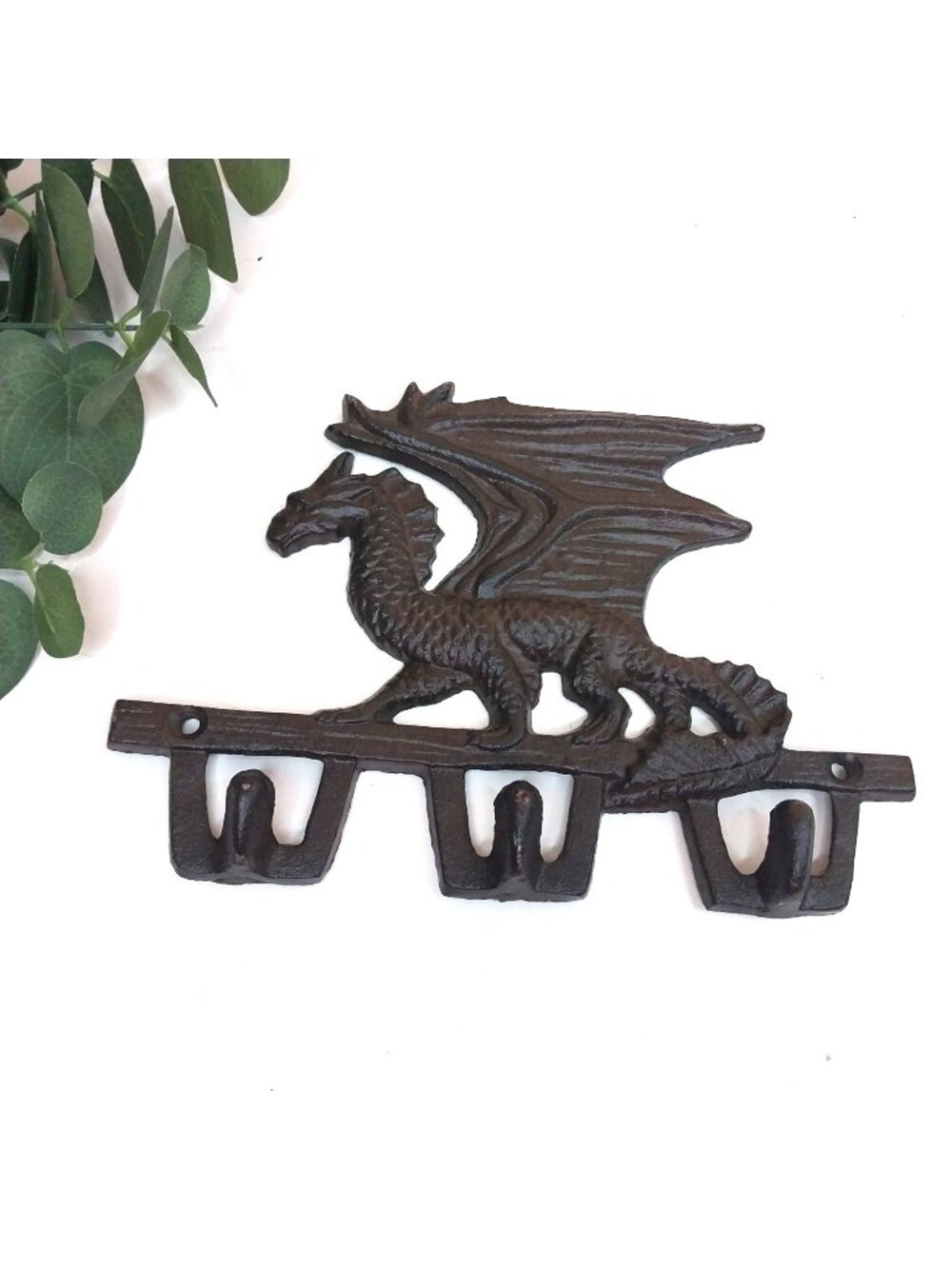Cast Iron Dragon Triple Wall Hook Key Rack Rustic Brown Finish